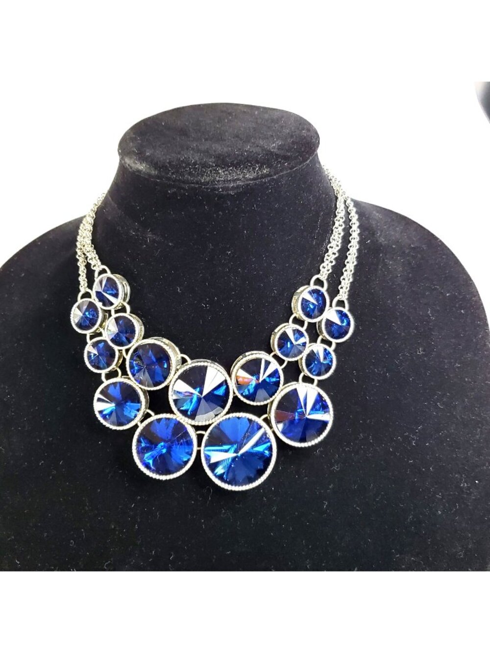 VTG MCM Cobalt Blue Rivoli Rhinestone Bib Statement Necklace Silver-Tone Chain